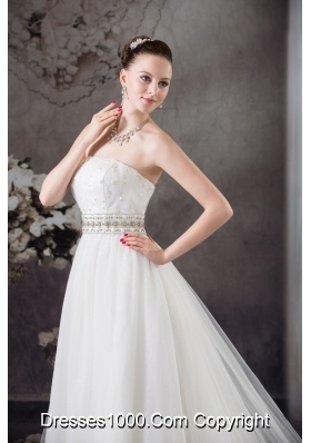 A-line Strapless Lace Beading Tulle Wedding Dress