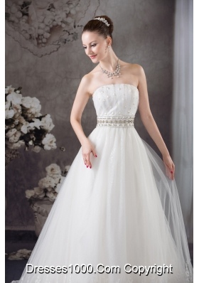 A-line Strapless Lace Beading Tulle Wedding Dress