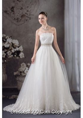 A-line Strapless Lace Beading Tulle Wedding Dress