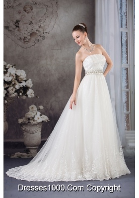 A-line Strapless Lace Beading Tulle Wedding Dress