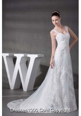 A-line Straps Lace Court Train Wedding Dress