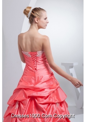 A-line Watermelon Red Pick-ups Appliques Quinceanera Dress