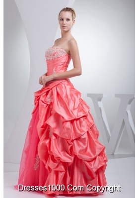 A-line Watermelon Red Pick-ups Appliques Quinceanera Dress