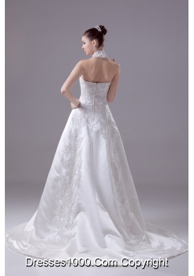 Appliques High Neck Taffeta Wedding Dress with Court Train