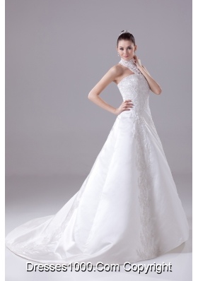 Appliques High Neck Taffeta Wedding Dress with Court Train