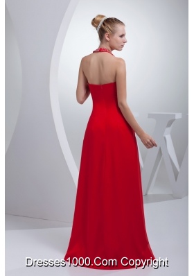 Beading and High Slit Red Halter Long Prom Dress