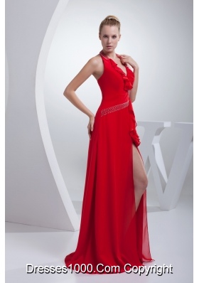 Beading and High Slit Red Halter Long Prom Dress