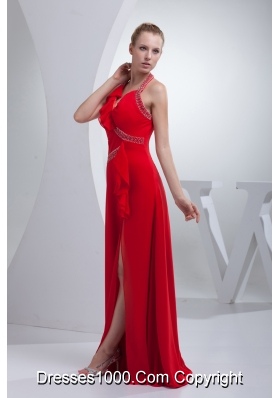 Beading and High Slit Red Halter Long Prom Dress