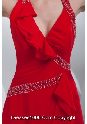 Beading and High Slit Red Halter Long Prom Dress