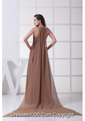 Beading and Ruching Brown Watteau Train Prom Dress