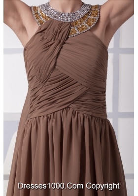 Beading and Ruching Brown Watteau Train Prom Dress