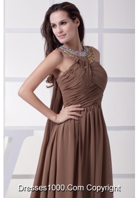 Beading and Ruching Brown Watteau Train Prom Dress