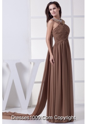 Beading and Ruching Brown Watteau Train Prom Dress