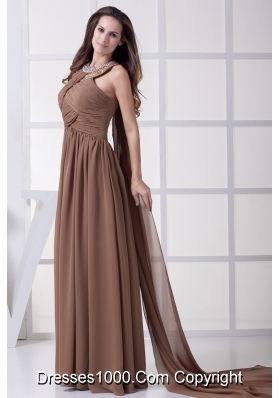 Beading and Ruching Brown Watteau Train Prom Dress