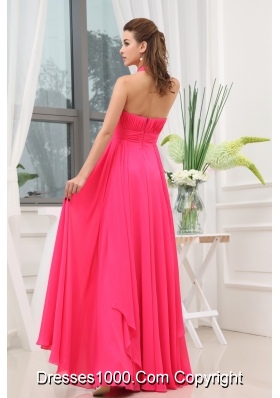 Beading Ruching Hot Pink Halter Long Prom Dress