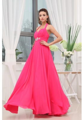 Beading Ruching Hot Pink Halter Long Prom Dress