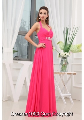 Beading Ruching Hot Pink Halter Long Prom Dress