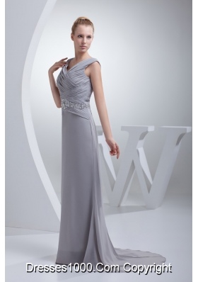 Beading Ruching V-neck Brush Train Column Prom Dress