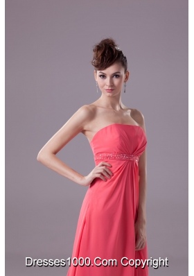 Beading Strapless Watteau Train Watermelon Prom Dress