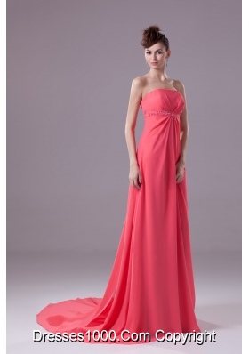 Beading Strapless Watteau Train Watermelon Prom Dress