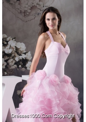 Beautiful Ruffles Halter Pink High-low Column  Prom Dress