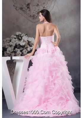 Beautiful Ruffles Halter Pink High-low Column  Prom Dress