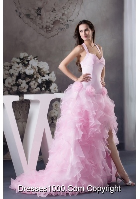 Beautiful Ruffles Halter Pink High-low Column  Prom Dress