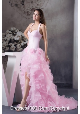 Beautiful Ruffles Halter Pink High-low Column  Prom Dress