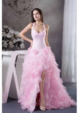 Beautiful Ruffles Halter Pink High-low Column  Prom Dress