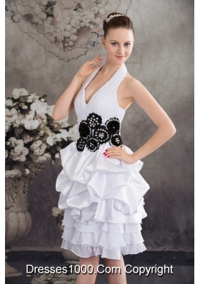 Black Hand Made Flowers Halter Top Princess Short Wedding Dress