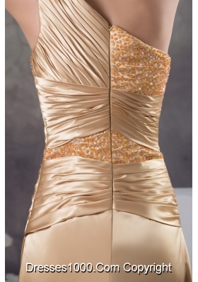 Champagne Beading One Shoulder Court Train  Column Prom Dress