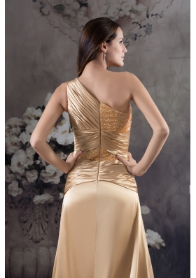 Champagne Beading One Shoulder Court Train  Column Prom Dress