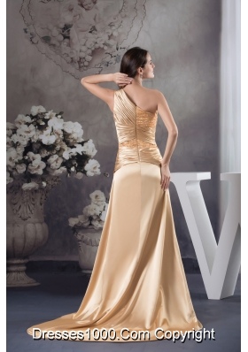 Champagne Beading One Shoulder Court Train  Column Prom Dress