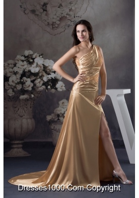 Champagne Beading One Shoulder Court Train  Column Prom Dress