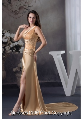 Champagne Beading One Shoulder Court Train  Column Prom Dress