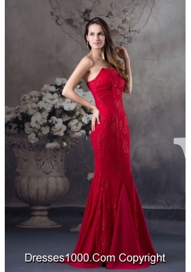 Cheap Appliques Mermaid Strapless long Red 2013 Prom Dress