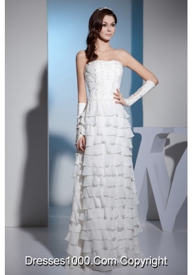 Embroidery Ruffles Layers Strapless Column Floor-length Wedding Dress