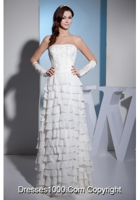 Embroidery Ruffles Layers Strapless Column Floor-length Wedding Dress