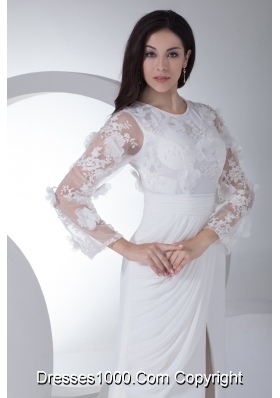 Empire Long Sleeves Scoop Appliques High Slit Wedding Dress