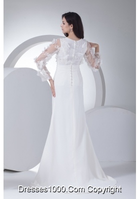 Empire Long Sleeves Scoop Appliques High Slit Wedding Dress