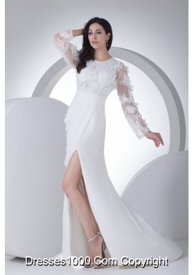 Empire Long Sleeves Scoop Appliques High Slit Wedding Dress