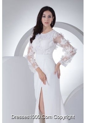 Empire Long Sleeves Scoop Appliques High Slit Wedding Dress