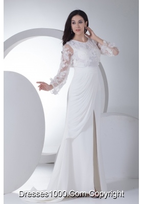 Empire Long Sleeves Scoop Appliques High Slit Wedding Dress