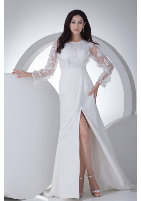 Empire Long Sleeves Scoop Appliques High Slit Wedding Dress