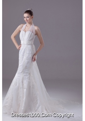 Lace Beading and Appliques Court Train Mermaid Halter Wedding Dress