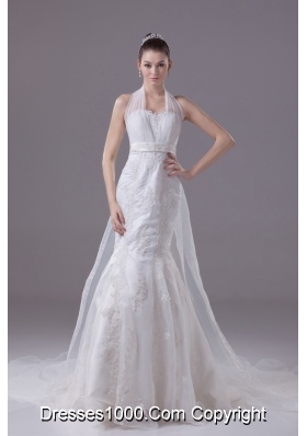 Lace Beading and Appliques Court Train Mermaid Halter Wedding Dress