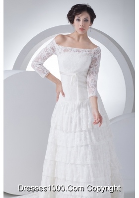 Lace Column Off The Shoulder Court Train Wedding Dress