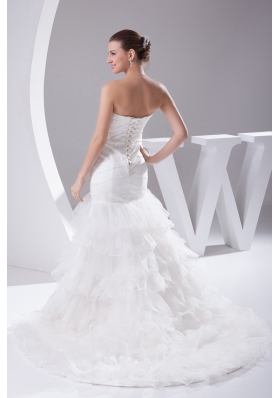 Mermaid Beading Ruffled Layers Brush Train Wedding Dress