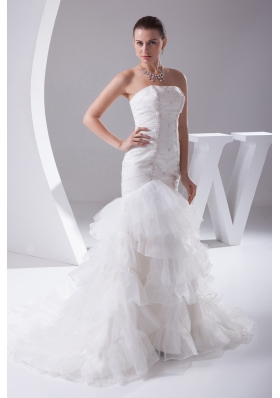 Mermaid Beading Ruffled Layers Brush Train Wedding Dress