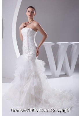 Mermaid Beading Ruffled Layers Brush Train Wedding Dress